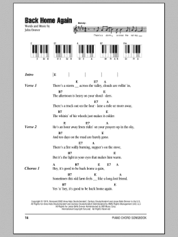 page one of Back Home Again (Piano Chords/Lyrics)