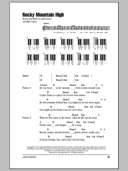 page one of Rocky Mountain High (Piano Chords/Lyrics)