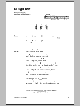 page one of All Right Now (Ukulele Chords/Lyrics)