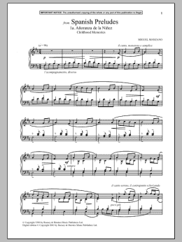 page one of Spanish Preludes, 1a. Anoranza De La Ninez (Childhood Memories) (Piano Solo)