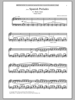 page one of Spanish Preludes, 11. Baile Llano (Simple Dance) (Piano Solo)