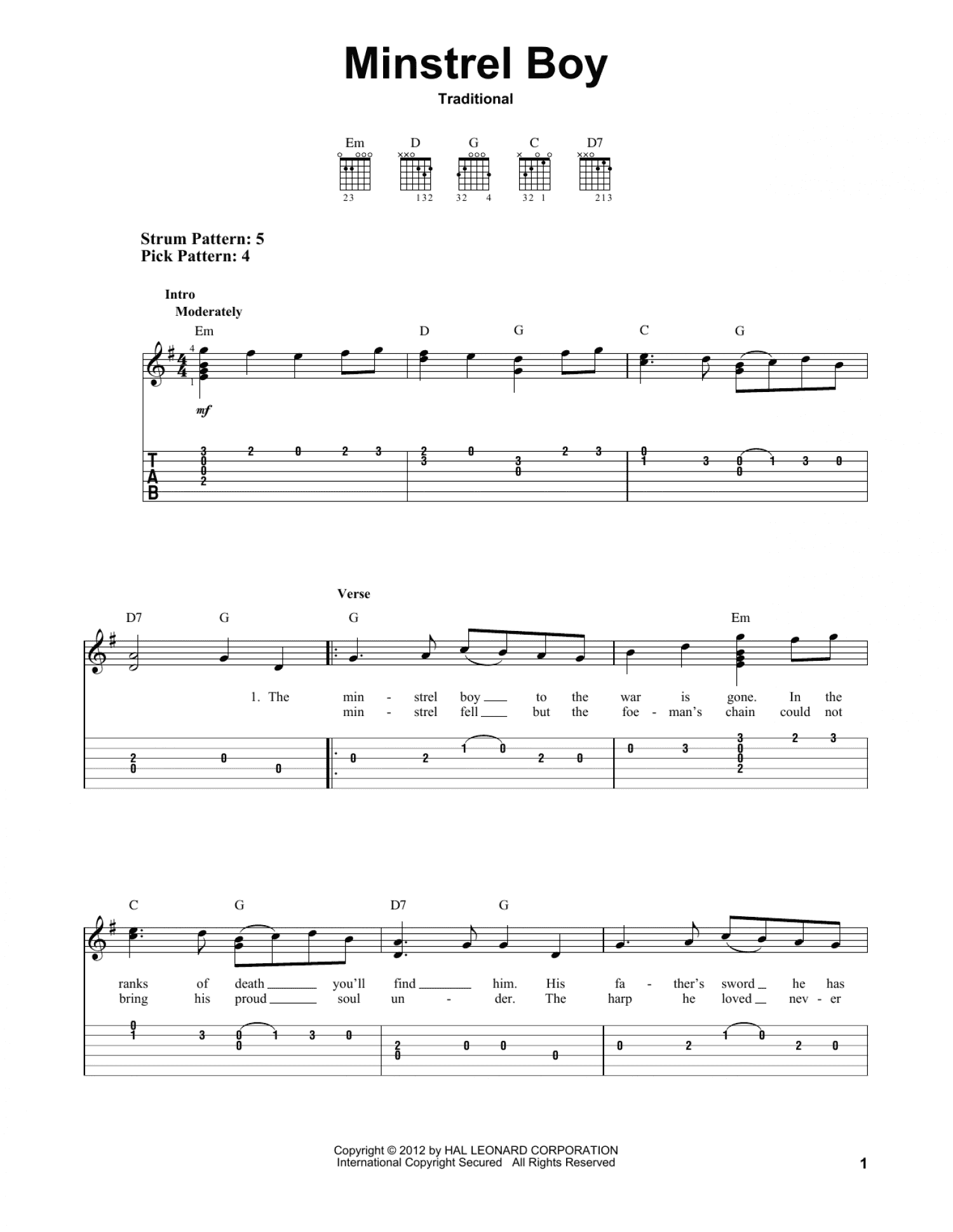 Minstrel Boy (Easy Guitar Tab)