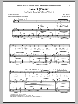 page one of Lament (Panasz) (from Twenty Hungarian Folksongs Vol. 3) (Piano & Vocal)
