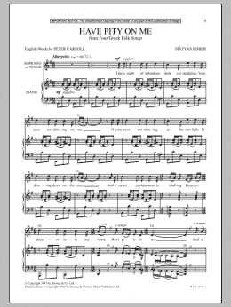 page one of Have Pity On Me (from Four Greek Folk Songs) (Piano & Vocal)