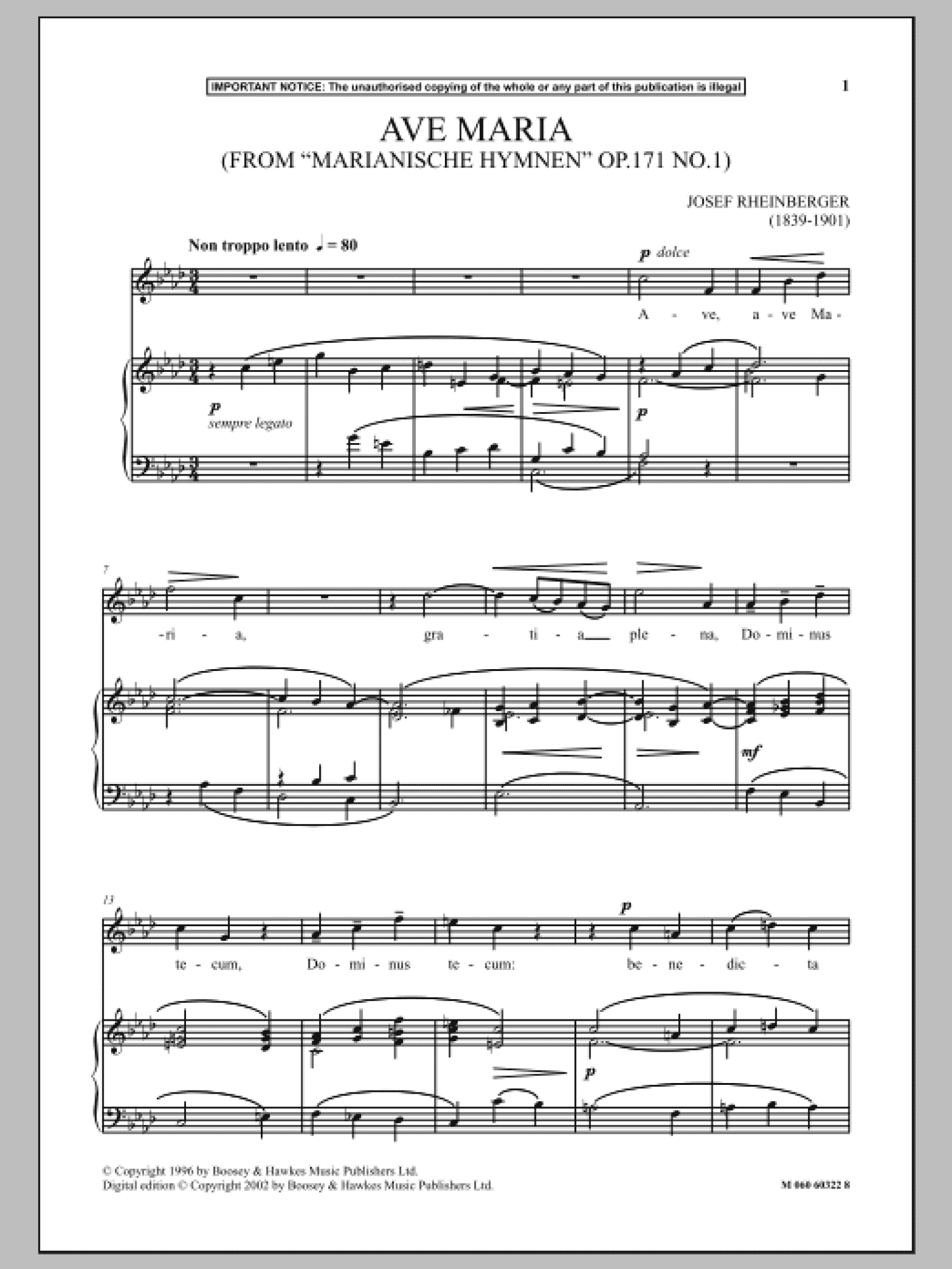 Ave Maria, Op.171, No.1 (from Marianische Hymnen) (Piano & Vocal)
