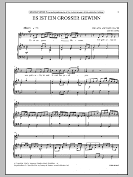 page one of Es Ist Ein Grosser Gewinn (Piano & Vocal)
