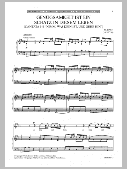 page one of Genugsamkeit Ist Ein Schatz In Diesem Leben (Cantata 144 Nimm, Was Dein Ist, Und Gehe Hin) (Piano & Vocal)