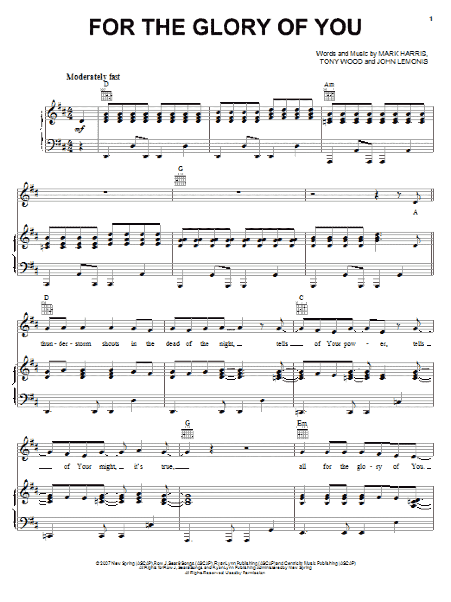 For The Glory Of You (Piano, Vocal & Guitar Chords (Right-Hand Melody))