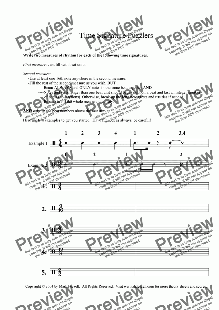 page one of Time Signature Puzzlers Worksheet