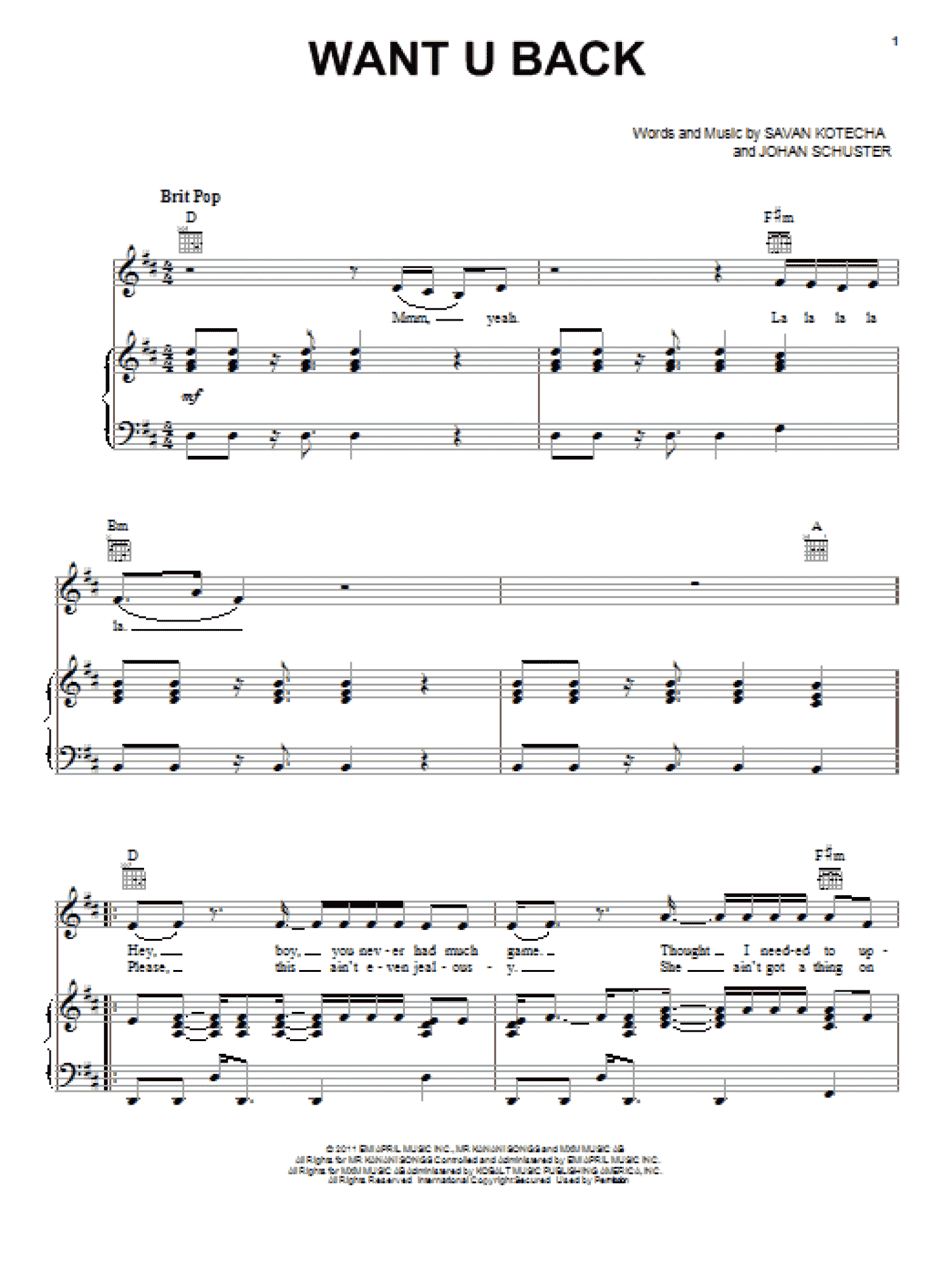 Want U Back (Piano, Vocal & Guitar Chords (Right-Hand Melody))
