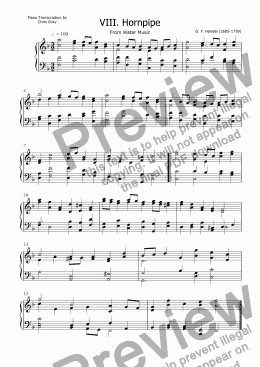 page one of "Hornpipe" (from Water Music) for piano