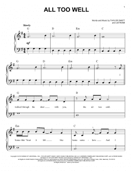page one of All Too Well (Easy Piano)