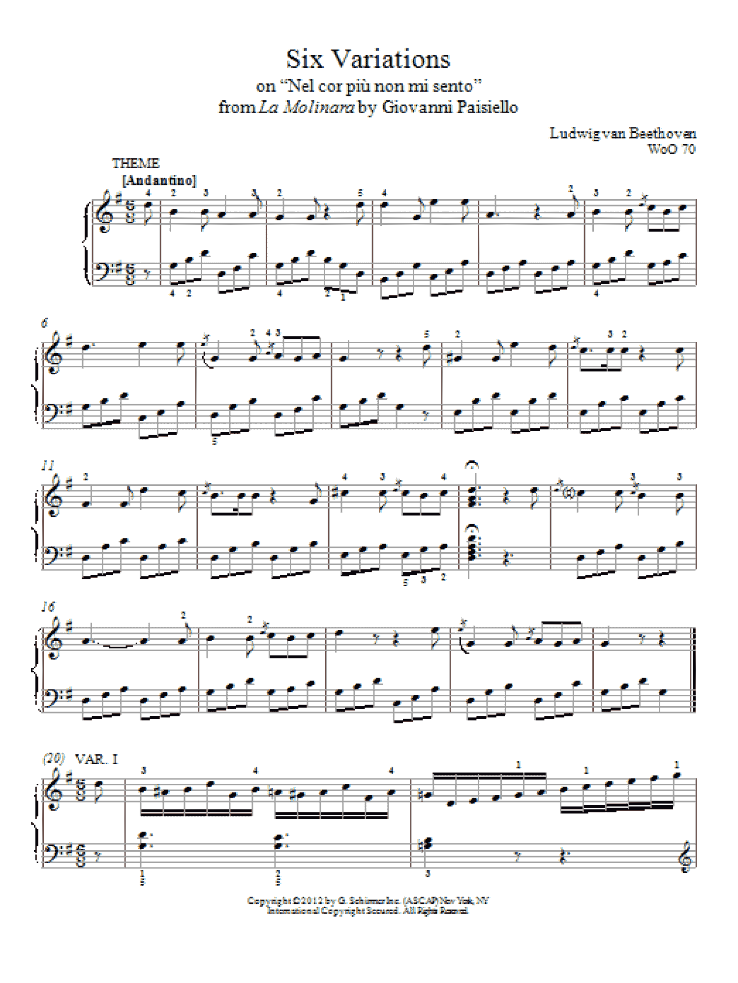 Six Variations On "Nel Cor Piu Non Mi Sento" (Piano Solo)