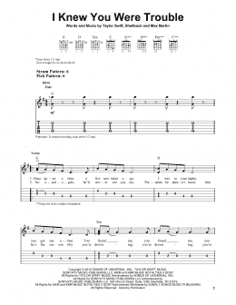 page one of I Knew You Were Trouble (Easy Guitar Tab)