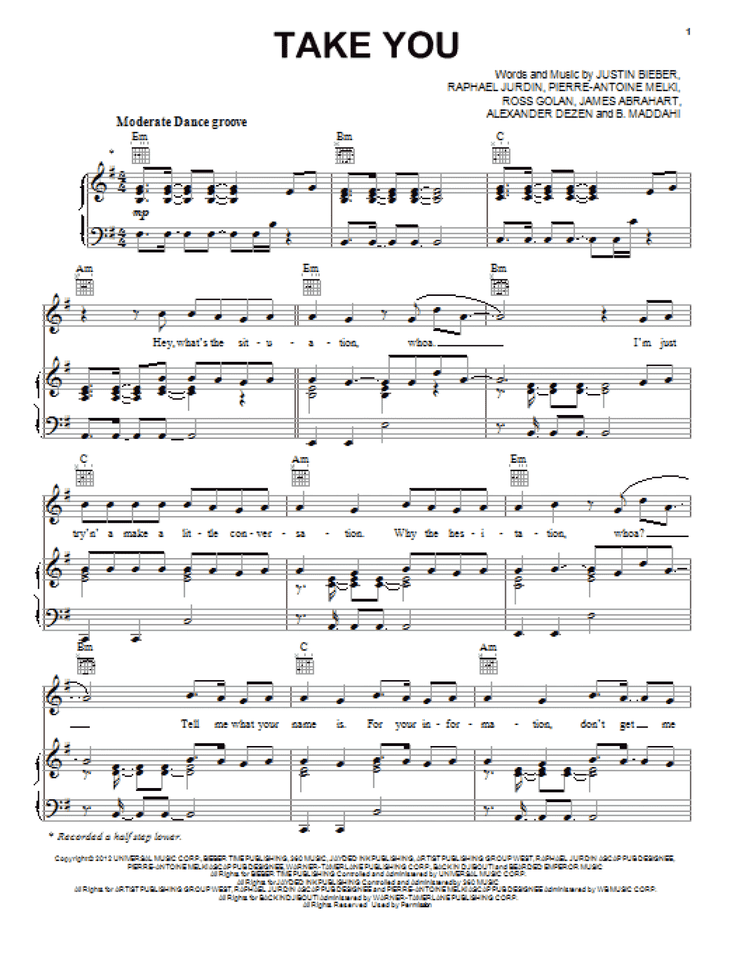 Take You (Piano, Vocal & Guitar Chords (Right-Hand Melody))