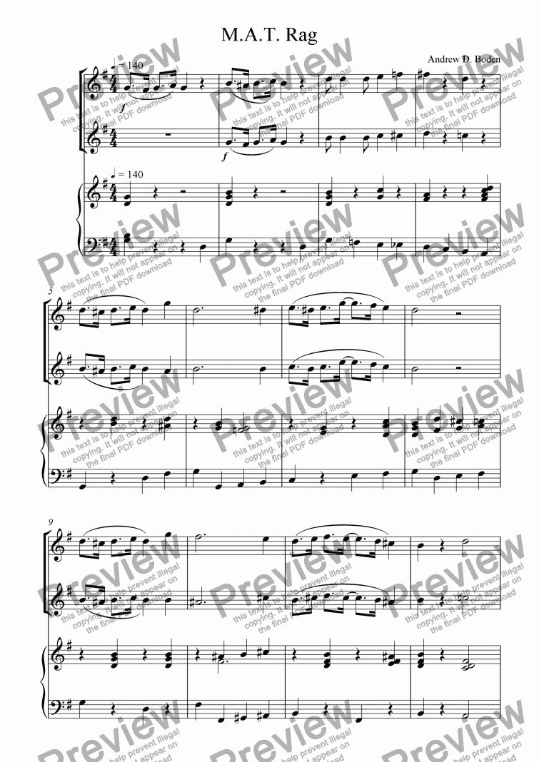 page one of M.A.T. Rag for 2 violins & pianoforte