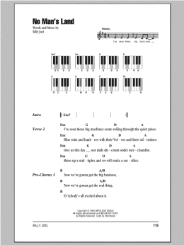 page one of No Man's Land (Piano Chords/Lyrics)