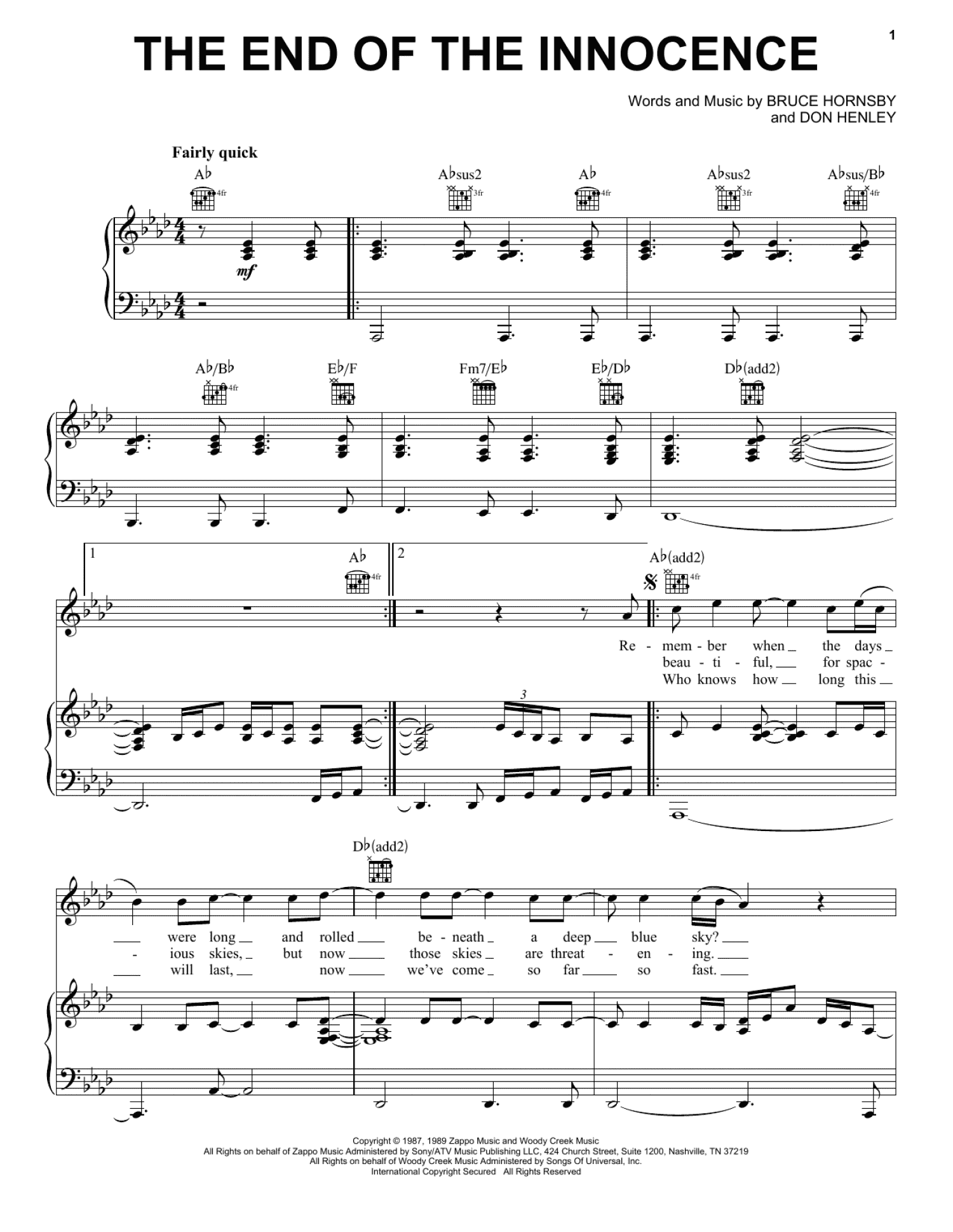 The End Of The Innocence (Piano, Vocal & Guitar Chords (Right-Hand Melody))