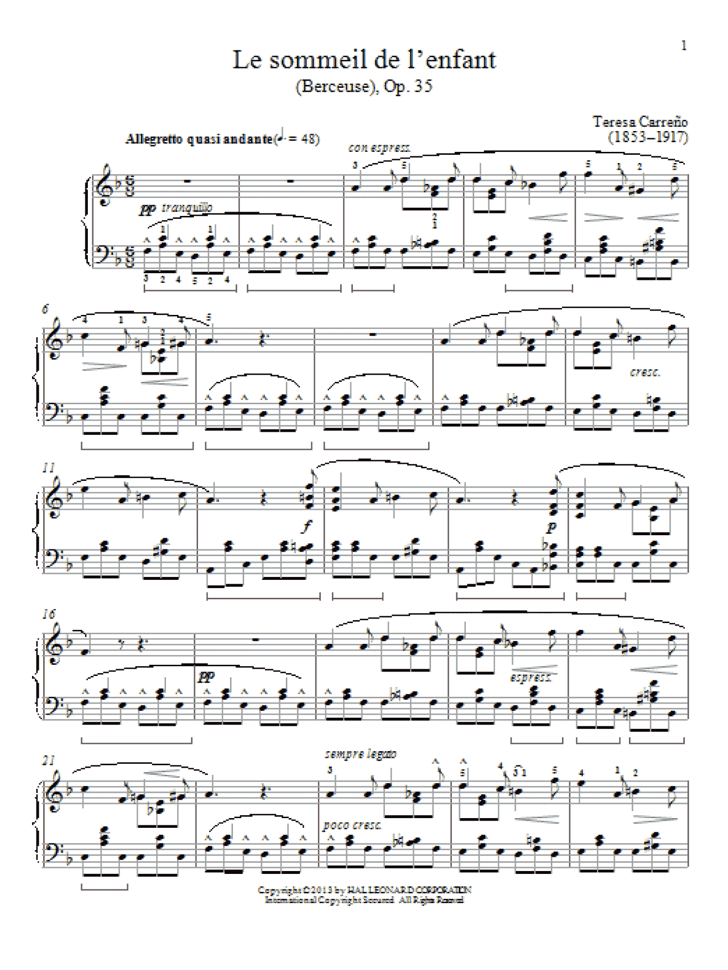 Le sommeil de l'enfant (Berceuse), Op. 35 (Piano Solo)