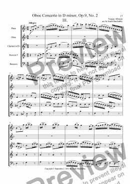 page one of Albinoni Concerto for Oboe, Opus 9, No. 2, III. Allegro. arr. by K. MacGaffey for wind quintet