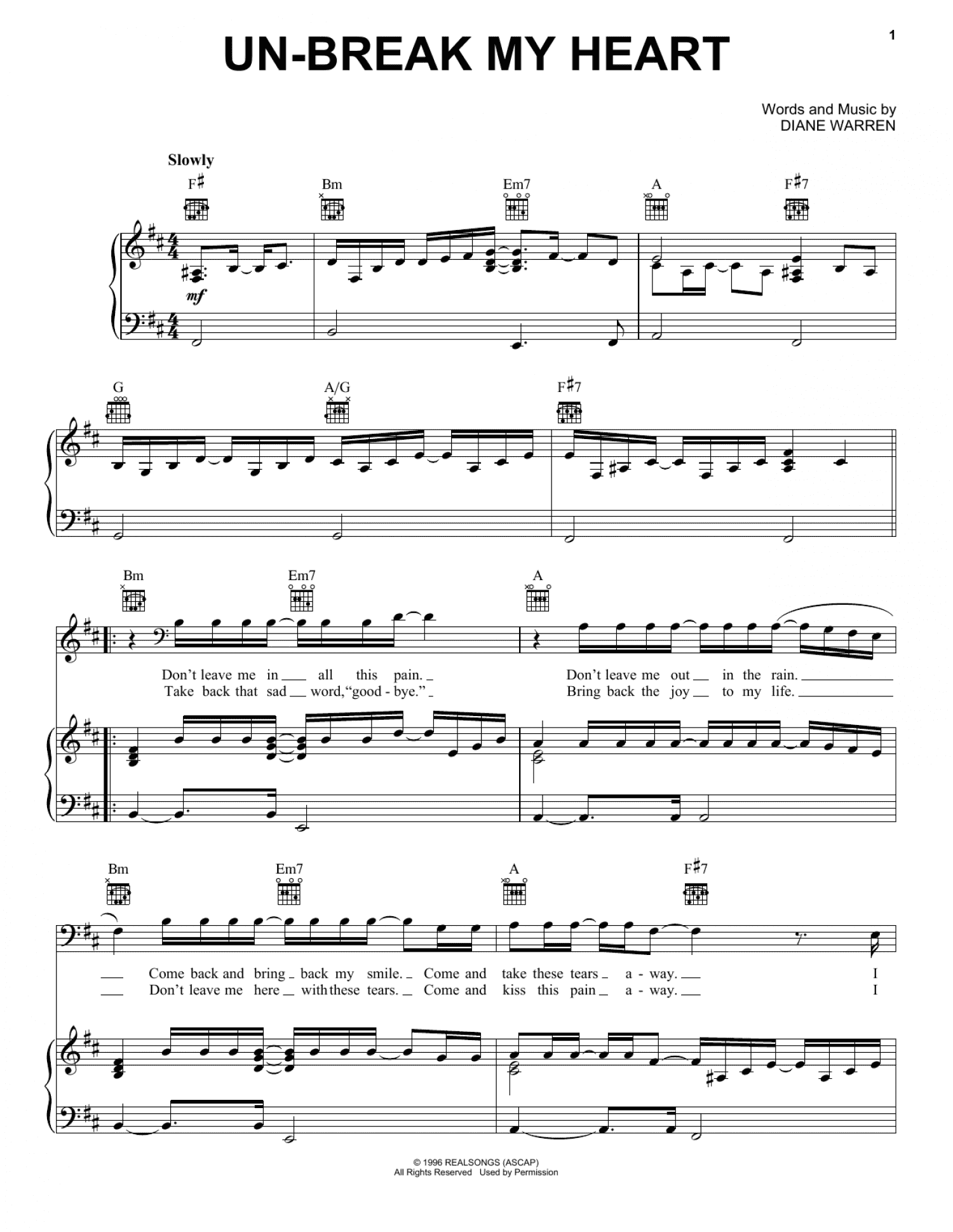 Un-break My Heart (Piano, Vocal & Guitar Chords (Right-Hand Melody))