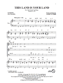 page one of This Land Is Your Land (arr. Jill Gallina) (3-Part Mixed Choir)