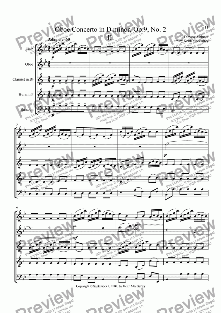 page one of Albinoni Concerto for Oboe, Opus 9, No. 2, II. Adagio. arr. by K. MacGaffey for wind quintet