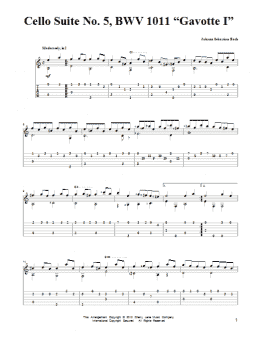 page one of Cello Suite No. 5, BWV 1011 "Gavotte I" (Solo Guitar)