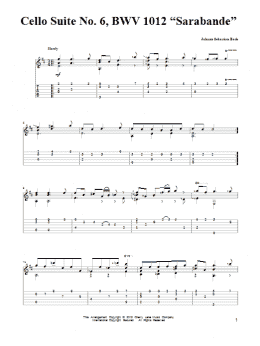 page one of Cello Suite No. 6, BWV 1012 "Sarabande" (Solo Guitar)