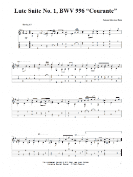 page one of Lute Suite No. 1, BWV 996 "Courante" (Solo Guitar)