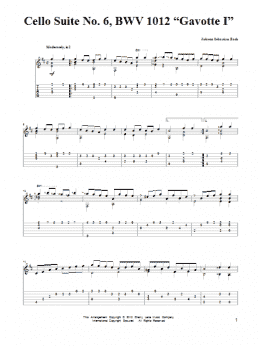page one of Cello Suite No. 6, BWV 1012 "Gavotte I" (Solo Guitar)
