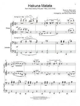 page one of Hakuna Matata (from The Lion King) (arr. Jennifer and Mike Watts) (Piano Duet)