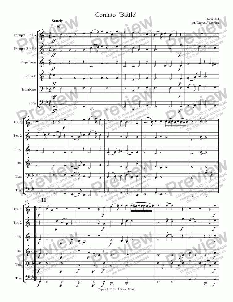 page one of Coranto  "Battle" for Brass Sextet
