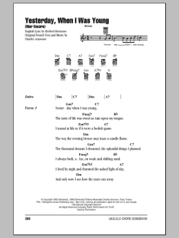 page one of Yesterday, When I Was Young (Hier Encore) (Ukulele Chords/Lyrics)