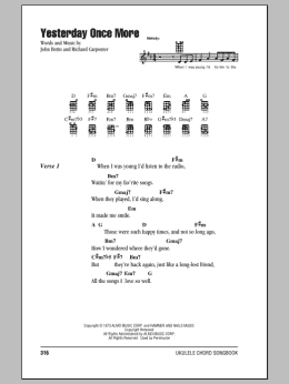 page one of Yesterday Once More (Ukulele Chords/Lyrics)