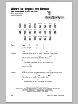 page one of Where Do I Begin (Love Theme) (Ukulele Chords/Lyrics)