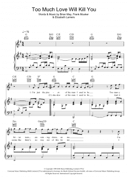 page one of Too Much Love Will Kill You (Piano, Vocal & Guitar Chords)