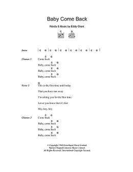 page one of Baby Come Back (Guitar Chords/Lyrics)