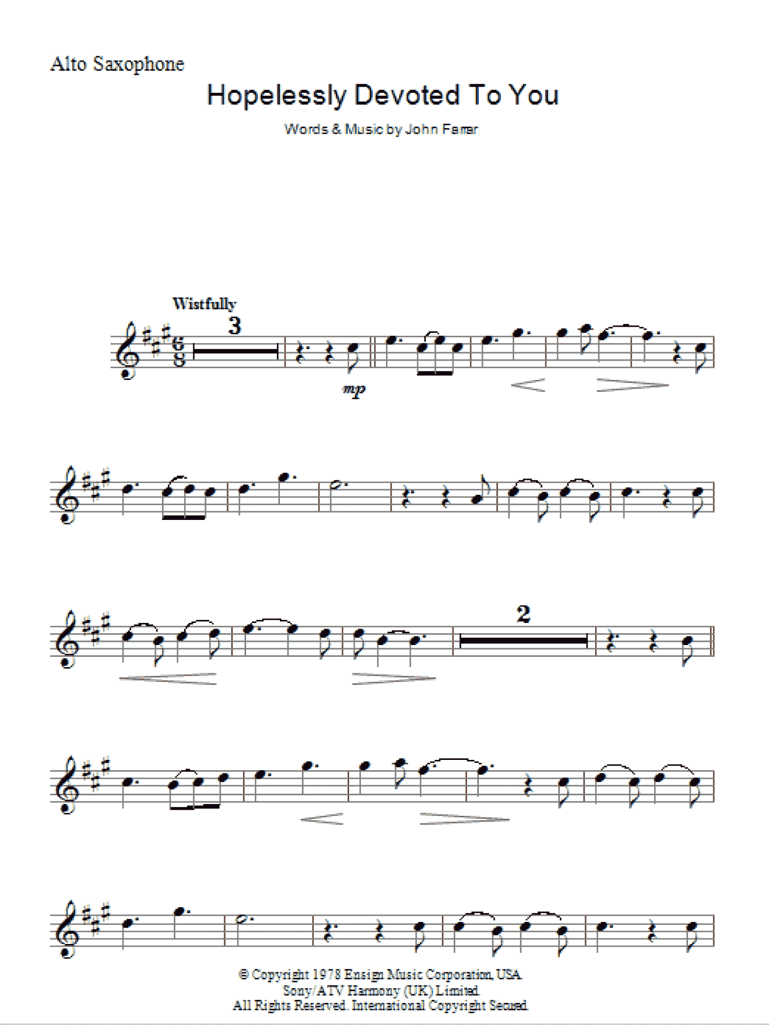 Hopelessly Devoted To You (Lead Sheet / Fake Book)