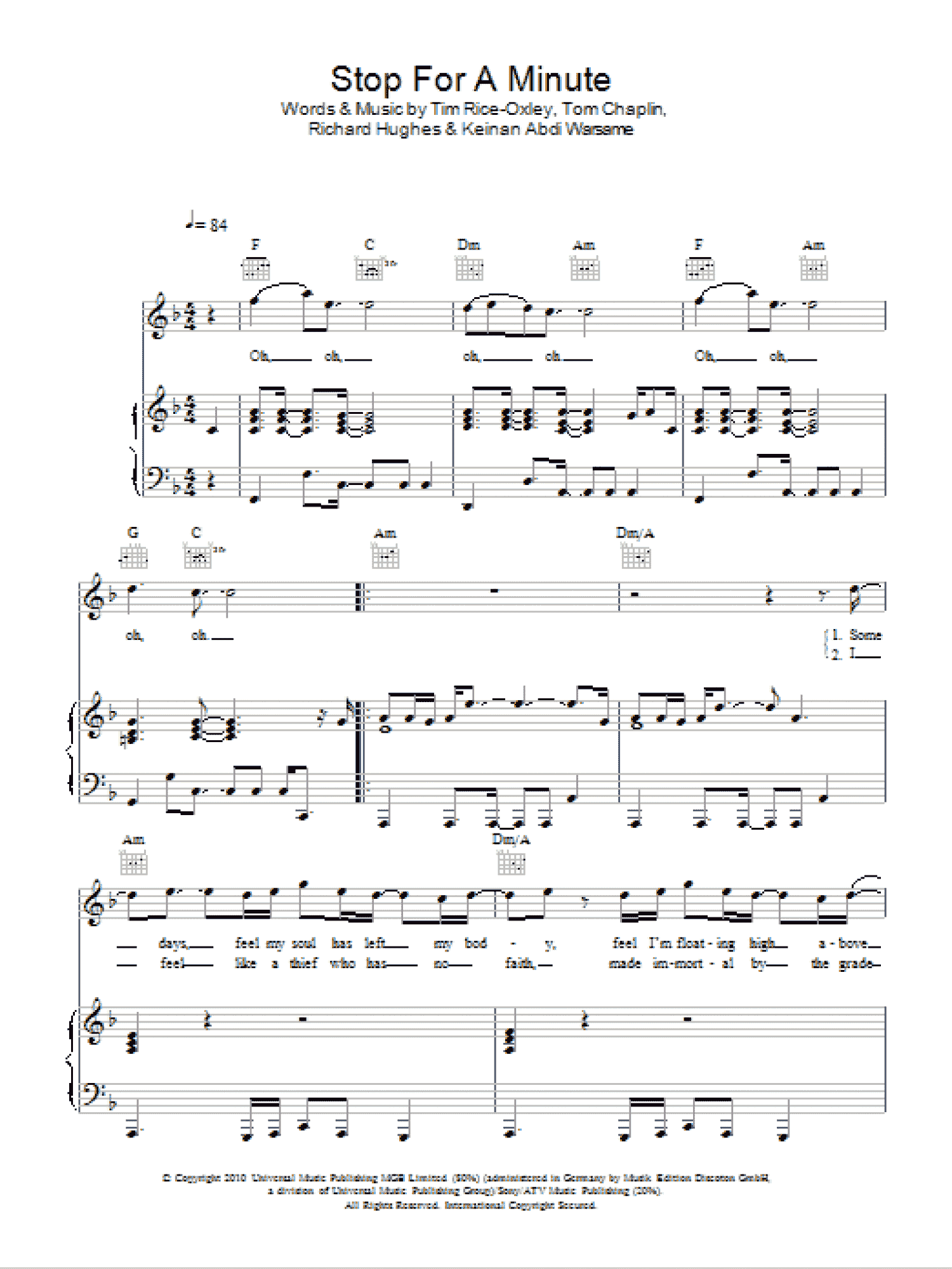 Stop For A Minute (Piano, Vocal & Guitar Chords)