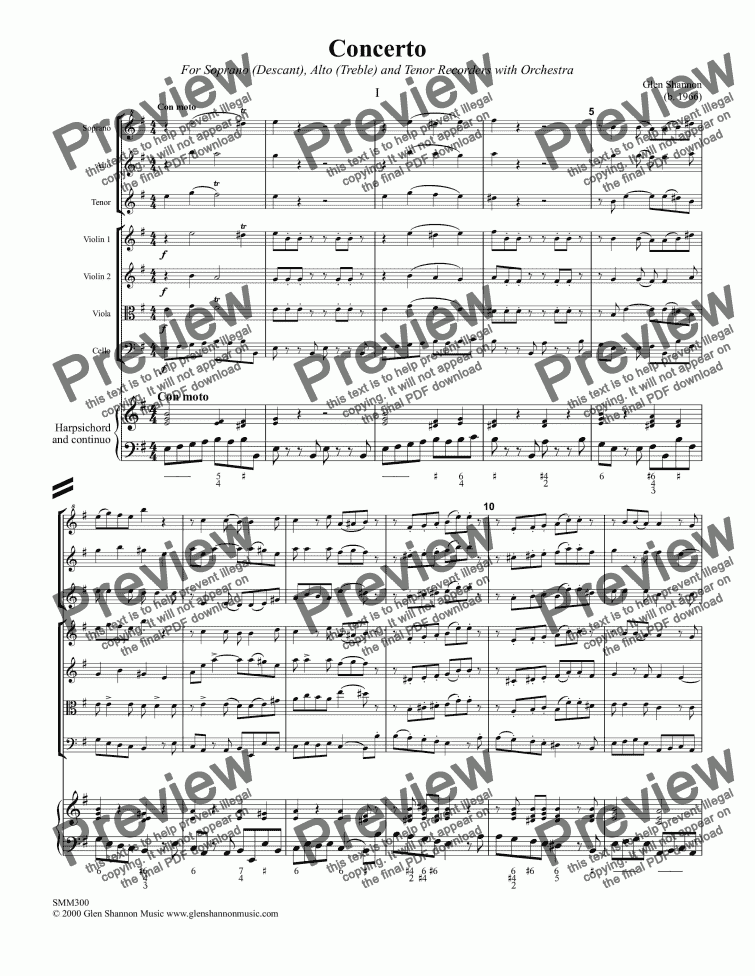 page one of Concerto for Three Recorders and String Orchestra