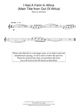 page one of I Had A Farm In Africa (Main Title from Out Of Africa) (Flute Solo)