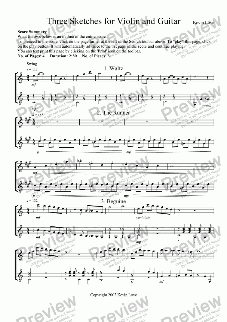 page one of 3 Sketches for Violin and Guitar