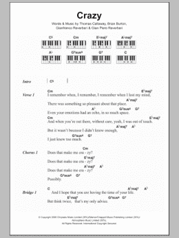 page one of Crazy (Piano Chords/Lyrics)