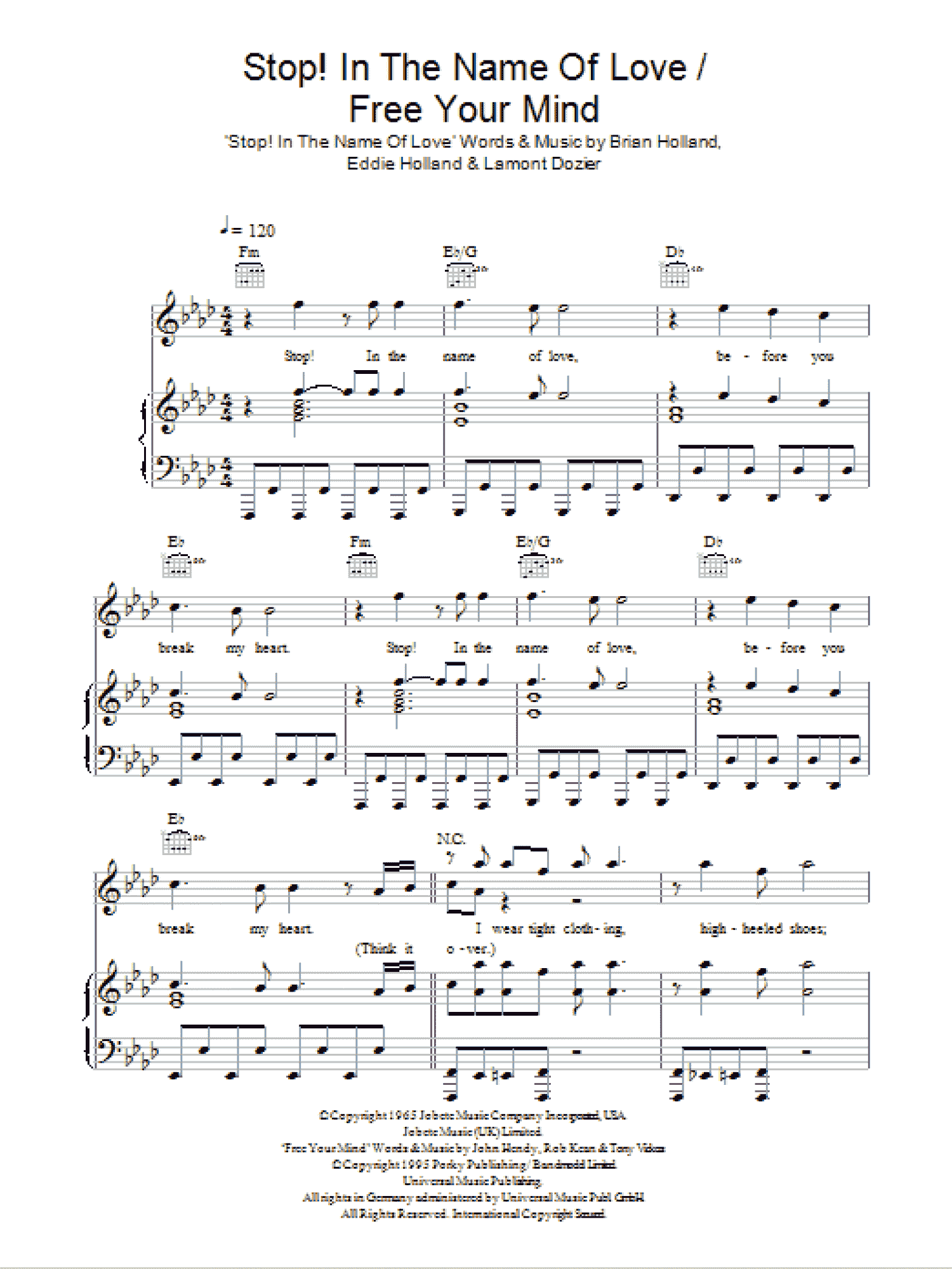 Stop! In The Name Of Love / Free Your Mind (Piano, Vocal & Guitar Chords)