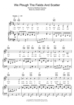 page one of We Plough The Fields And Scatter (Piano, Vocal & Guitar Chords)