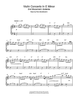 page one of Violin Concerto In E Minor, 2nd Movement: Andante (Beginner Piano)