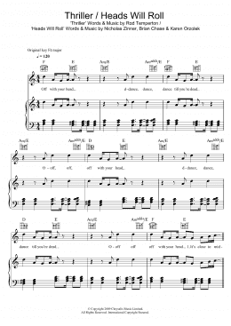 page one of Thriller/Heads Will Roll (Piano, Vocal & Guitar Chords)