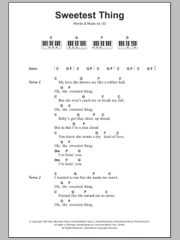 page one of Sweetest Thing (Piano Chords/Lyrics)