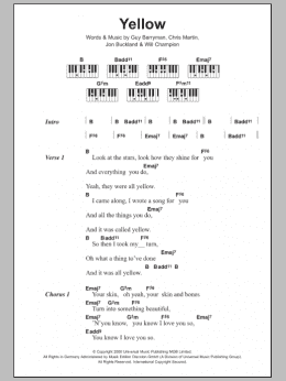 page one of Yellow (Piano Chords/Lyrics)